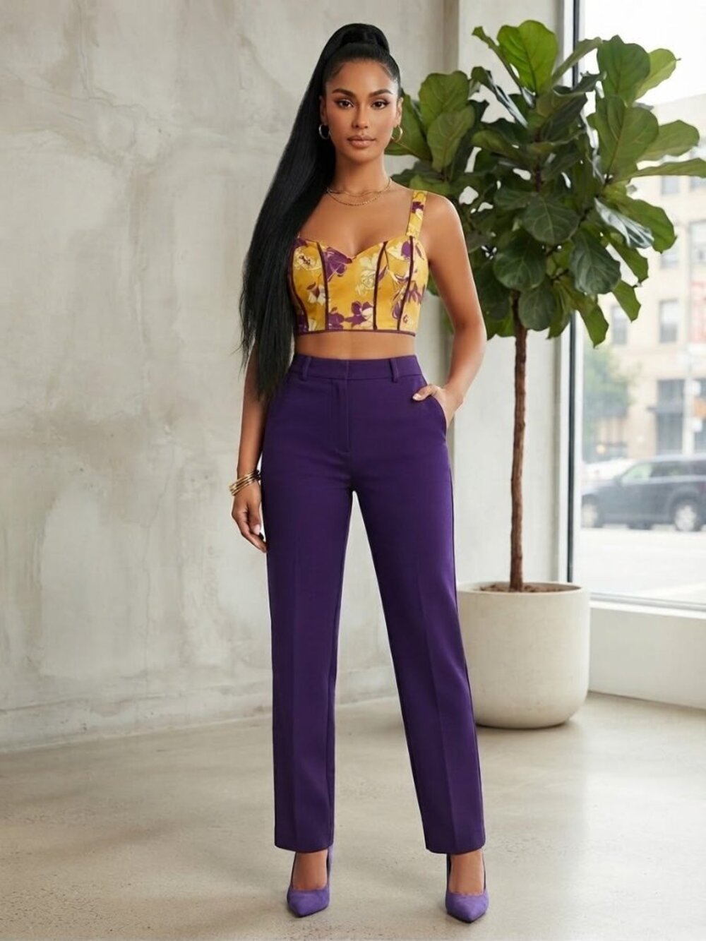 AQ-Sport Yellow & Purple Floral Bustier Crop Top - EUC (Like New)